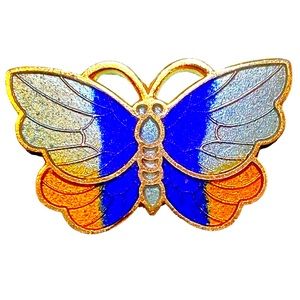 Cloisonné Petite Butterfly Brooch Gold Blue Orange With Butterfly Clutch Backing